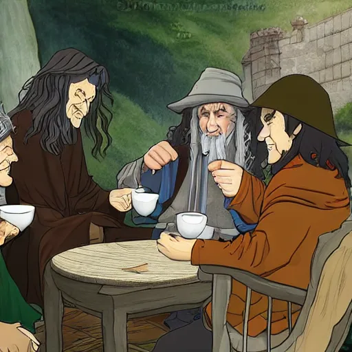 Prompt: lord of the rings gandalf drinking tea with hobbits in the shire, anime studio ghibili