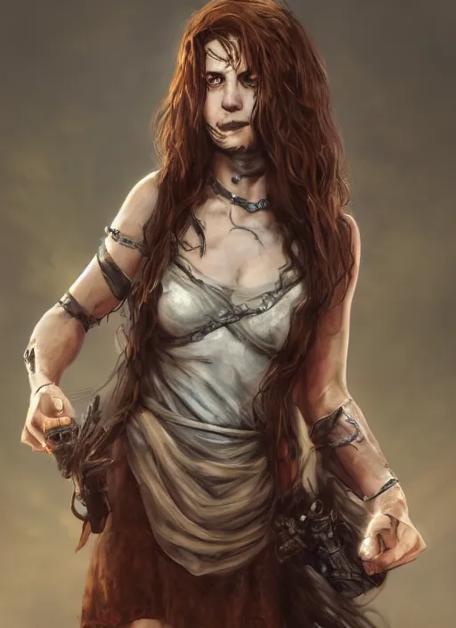 Image similar to an epic fantasy comic book style portrait painting of a girl with short dirty brown straggly hair, low lethargic insouciance voice with a drawl wearing a ragged dress, unreal 5, daz, hyperrealistic, octane render, cosplay, rpg portrait, dynamic lighting