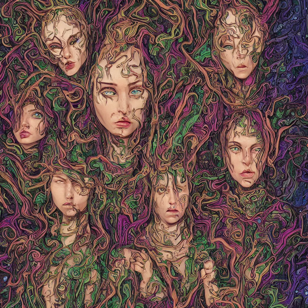 Image similar to high fine hyperdetailed portrait of an elf a glyph and a dunde in a fantastic and surreal psychedelic world, they have a bit of a horror aspect and convey some anger because some invaders came to their land