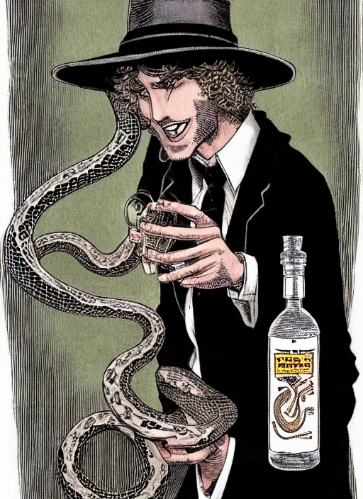 Image similar to portrait of a snake oil salesman wearing a snake suit and wide brimmed hat offering you a bottle of serum formula, art by Kentaro Miura, it idn't greasy