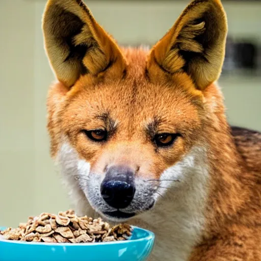 Image similar to a dingo with a bowl of cereal