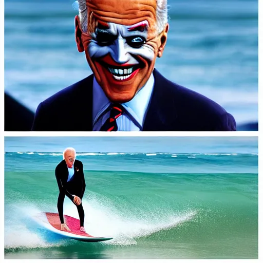 Prompt: surfing joe biden as mr. bean as the joker from batman, surfing still from batman vs bean at the beach, 2 0 2 0