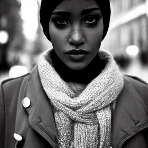 Image similar to black and white fashion photograph, highly detailed portrait of a depressed girl drug dealer on a Paris street at night, detailed face looking into camera, eye contact, natural light, long exposure, rain, mist, lomo, fashion photography, film grain, soft vignette, sigma 85mm f/1.4 1/10 sec shutter, Daren Aronofsky film still promotional image, IMAX 70mm footage