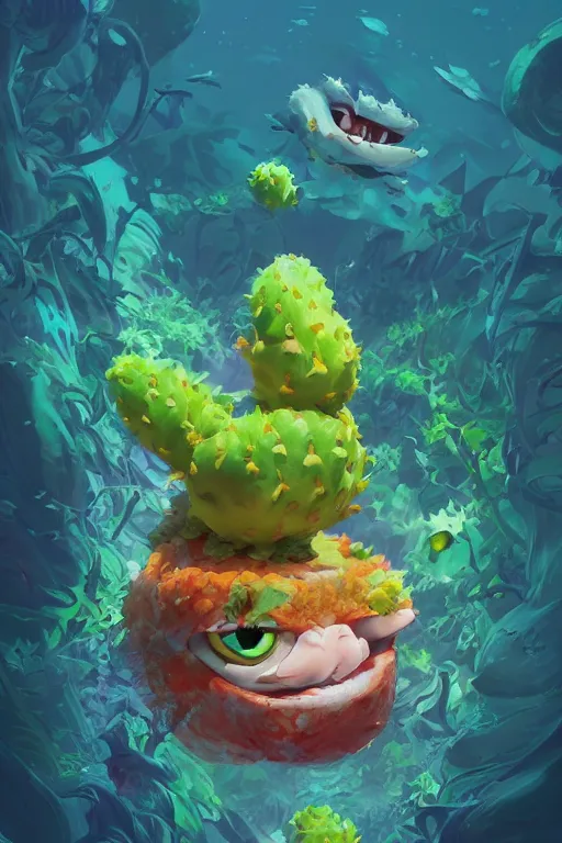 Image similar to 3 d render creature animal sushi cristal very big eye roots cactus elemental flush of force nature micro world fluo fishscale, comics gta 5 cover, official fanart behance hd artstation by jesper ejsing, by rhads, makoto shinkai and lois van baarle, ilya kuvshinov, ossdraws