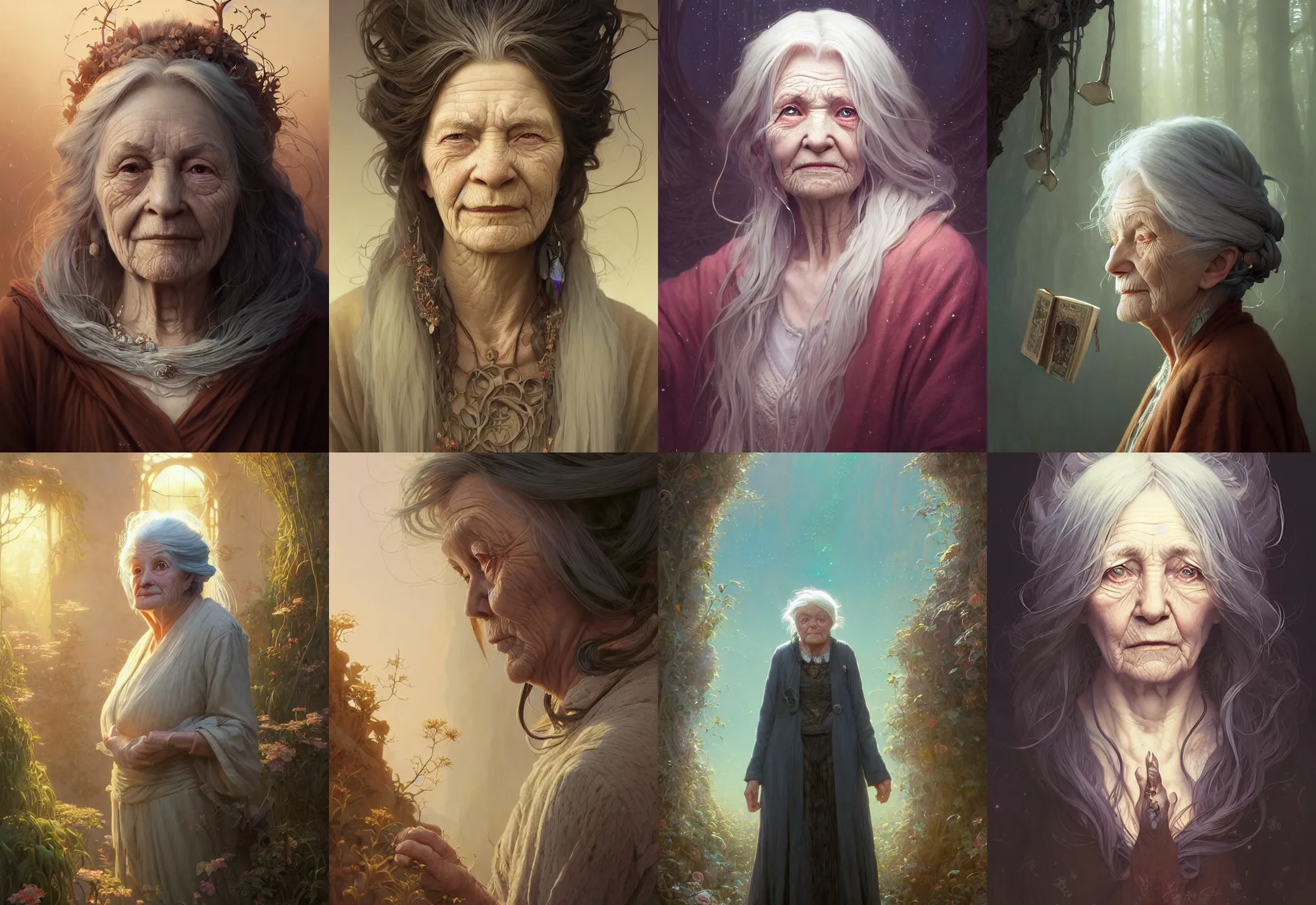 Image similar to highly detailed portrait of an old woman with long hairs, stephen bliss, unreal engine, fantasy art by greg rutkowski, loish, rhads, ferdinand knab, makoto shinkai and lois van baarle, ilya kuvshinov, rossdraws, tom bagshaw, alphonse mucha, global illumination, radiant light, detailed and intricate environment