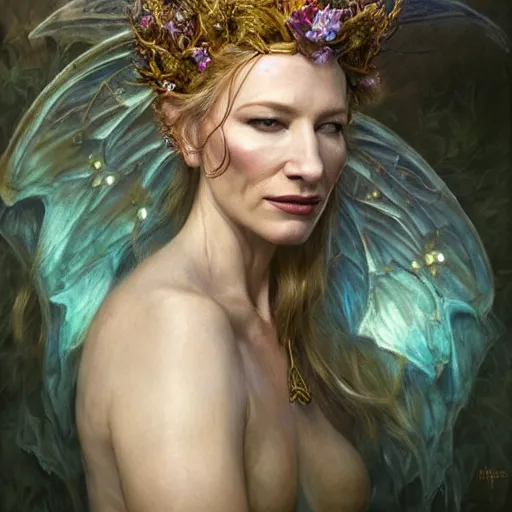 Prompt: upper body portrait shot of cate blanchett as titania, summer queen. faerie queen. queen of light., highly detailed, digital painting, artstation, concept art, soft focus, depth of field, artgerm, tomasz alen kopera, peter mohrbacher, donato giancola, wlop, boris vallejo