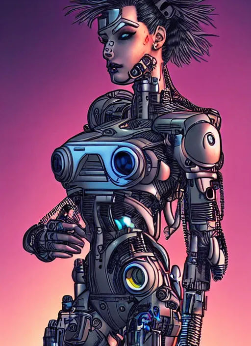 Image similar to a female cyborg soldier in grungy cyberpunk megacity, intricate, cyberpunk, vaporwave, portrait by j scott campbell