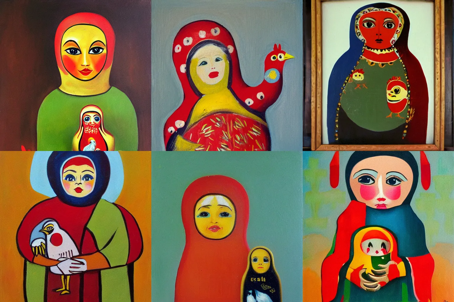 Prompt: matryoshka holding a chicken, oil painting from the 1980s