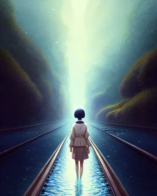 Image similar to photo of chihiro walking along train tracks stretching out toward the horizon that are submerged under a few inches of water, intricate, elegant, highly detailed, digital painting, artstation, concept art, smooth, sharp focus, illustration, art by artgerm and greg rutkowski and fra angelico