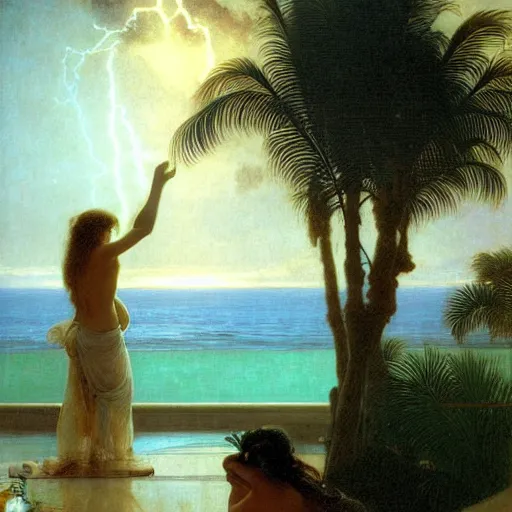 Image similar to Silhouette of two girls at the palace, thunderstorm, greek pool, beach and palm trees on the background major arcana sky, by paul delaroche, alphonse mucha and arnold böcklin arnold böcklin hyperrealistic 8k, very detailed