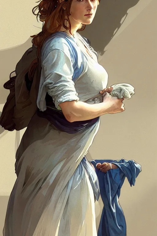 Prompt: portrait of rural pregnant woman doing laundry, digital painting, artstation, concept art, smooth, sharp focus, illustration, art by artgerm and greg rutkowski and alphonse mucha