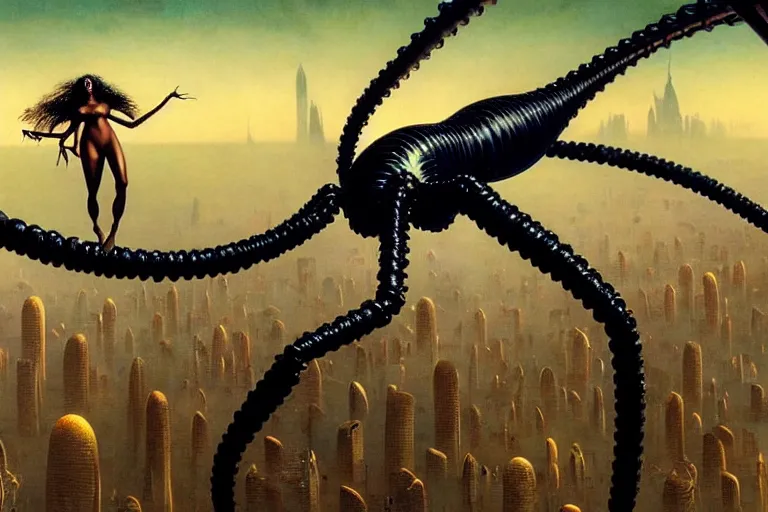 Image similar to realistic detailed portrait movie shot of a beautiful black woman riding a giant spider, dystopian city landscape background by denis villeneuve, amano, yves tanguy, alphonse mucha, max ernst, kehinde wiley, jean delville, david lynch, roger dean, cyber necklace, rich moody colours, sci fi patterns, dramatic, wide angle