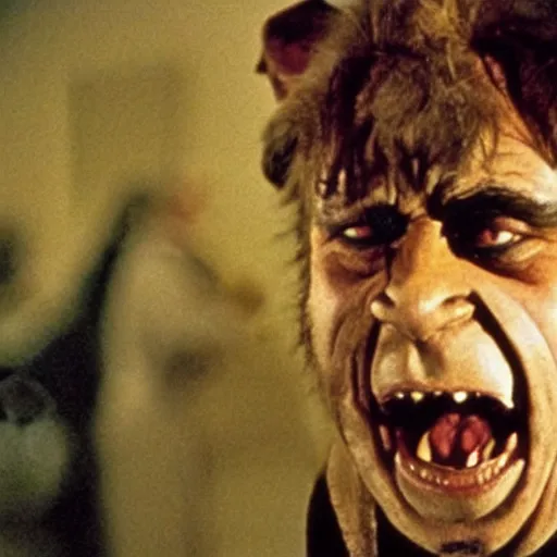 Prompt: danny devito as a werewolf 1 9 8 0 s movie still