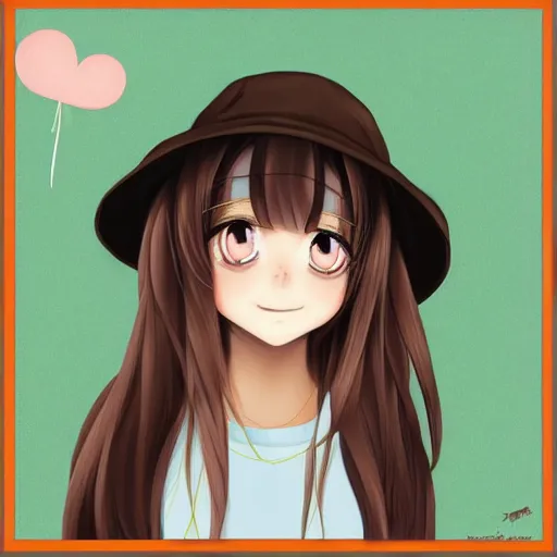 Image similar to portrait of cute anime girl with long brown hair with a frog bucket hat, digital art
