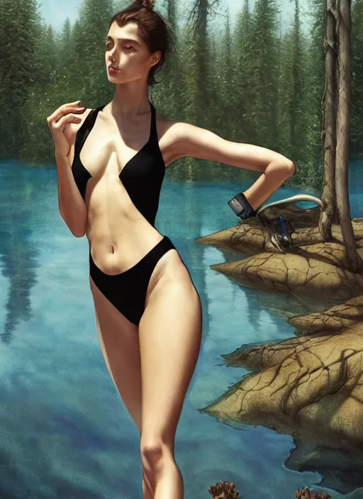 Image similar to in a stylish black swimsuit, on the sandy beach of a blue lake in a pine forest, hyperrealism, no blur, 4 k resolution, ultra detailed, style of tyler edlin, tom bagshaw, arthur rackham, ivan shishkin