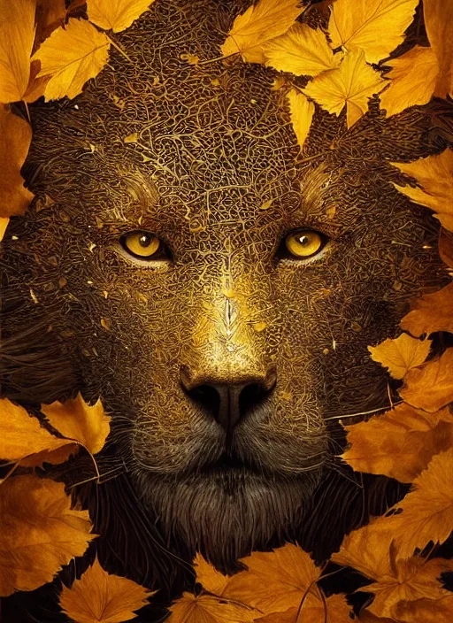 Prompt: golden leaves at frame border, creative!!! composition for a book cover, absurdly beautiful, ultrafine hyperrealistic detailed animal face by wlop and artgerm and greg rutkowski, intricate linework, sharp focus, smooth, plain background, unreal engine, dramatic lighting, ethereal, 8 k