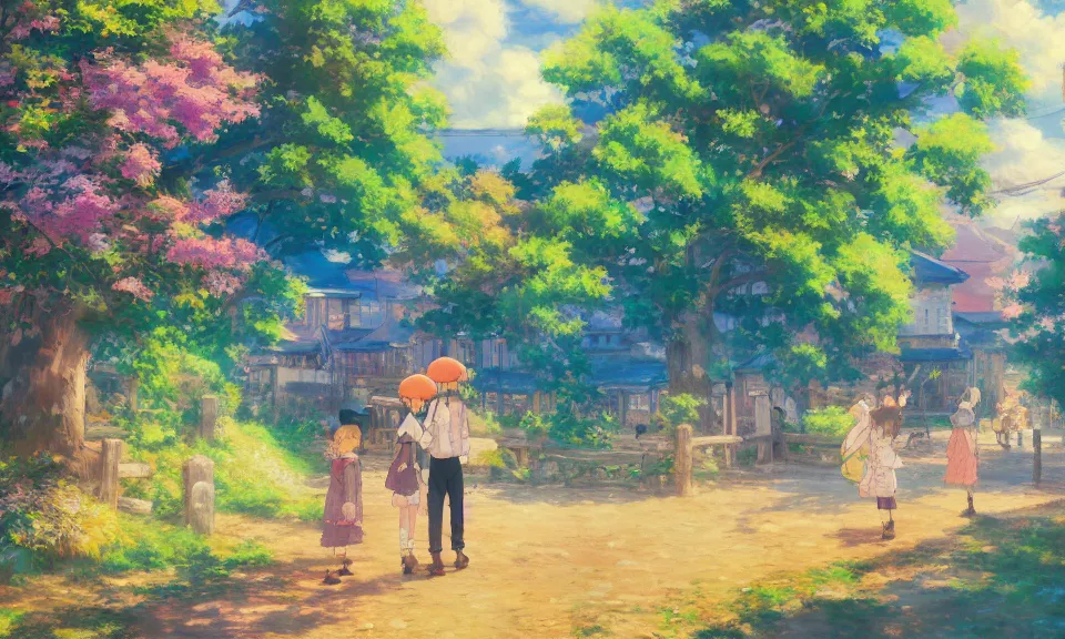 Image similar to impressionist painting of happiness and friendship, rural landscape, kyoto animation, wide shot, dynamic lighting, vivid colors, high detail, award winning