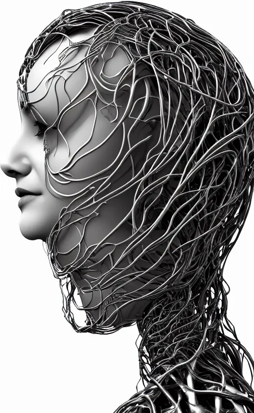 Image similar to black and white complex 3d render of 1 beautiful profile woman porcelain face, vegetal dragon cyborg, 150 mm, sinuous silver metallic ghost orchid flower stems, roots, leaves, fine lace, maze-like, mandelbot fractal, anatomical, facial muscles, cable wires, microchip, elegant, highly detailed, black metalic armour with silver details, rim light, octane render, H.R. Giger style, David Uzochukwu