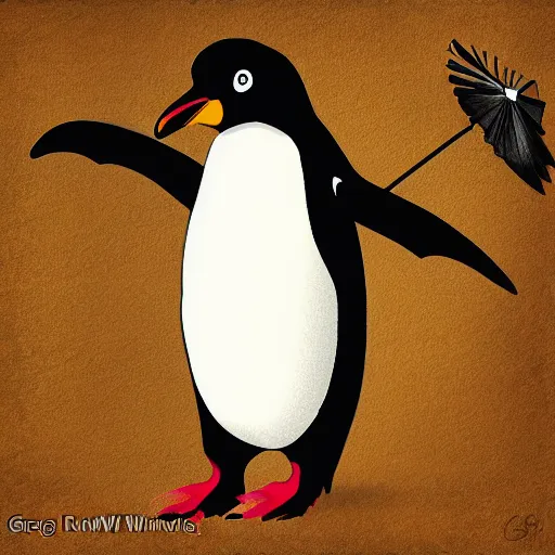 Image similar to penguin on a flying windmill by greg ruthkowski