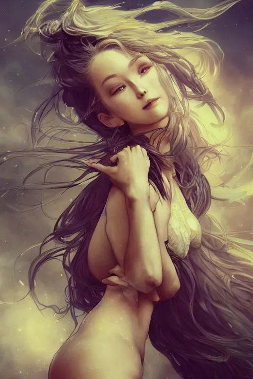 Image similar to full body windy hair zero gravity seductive meditation goddess in the style of artgerm, wlop, greg rutkowski, alphonse mucha and ayami kojima, realistic details, volumetric lighting, very very very very beautiful symmetrical face, trending on artstation, artstationhd, artstationhq, unreal engine, 4 k, 8 k