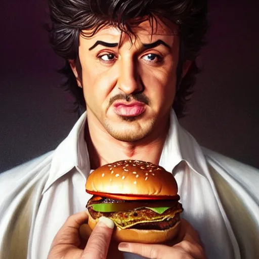 Image similar to portrait of Stallone eating hamburgers, extra onions and ketchup, luscious patty with sesame seeds, feminine ethereal, handsome, D&D, fantasy, intricate, elegant, highly detailed, digital painting, artstation, concept art, matte, sharp focus, illustration, art by Artgerm and Greg Rutkowski and Alphonse Mucha