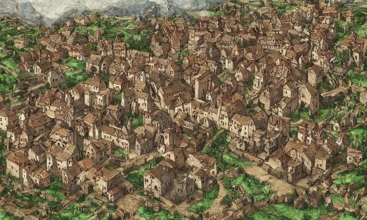 Image similar to beautiful medieval village diorama, high detailed drawing, digital art