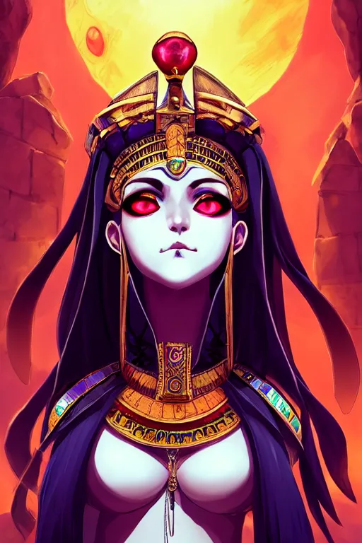 Prompt: 3 / 4 view of a smirking necromancer queen cleopatra with cat face and ears, beautiful and detailed eyes, with pyramids and a giant crimson moon with the eye of ra in the background, by tite kubo and guweiz, dramatic lighting, manga cover, highly detailed, incredible quality, trending on artstation