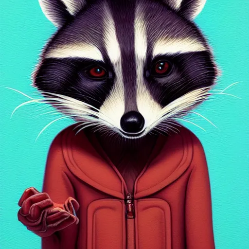 Prompt: Mischievous raccoon By Casey Weldon and Martine Johana, rich colors, intricate, elegant, highly detailed, centered, digital painting, artstation, concept art, smooth, sharp focus, illustration