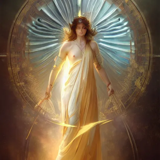 Image similar to angel warrior, beautiful, stunning, gold mist, radiating power, energy, god rays, luminescence, fractal, smooth white and soft by ruan jia, tom bagshaw, alphonse mucha, krenz cushart, vray render, artstation, deviantart, pinterest