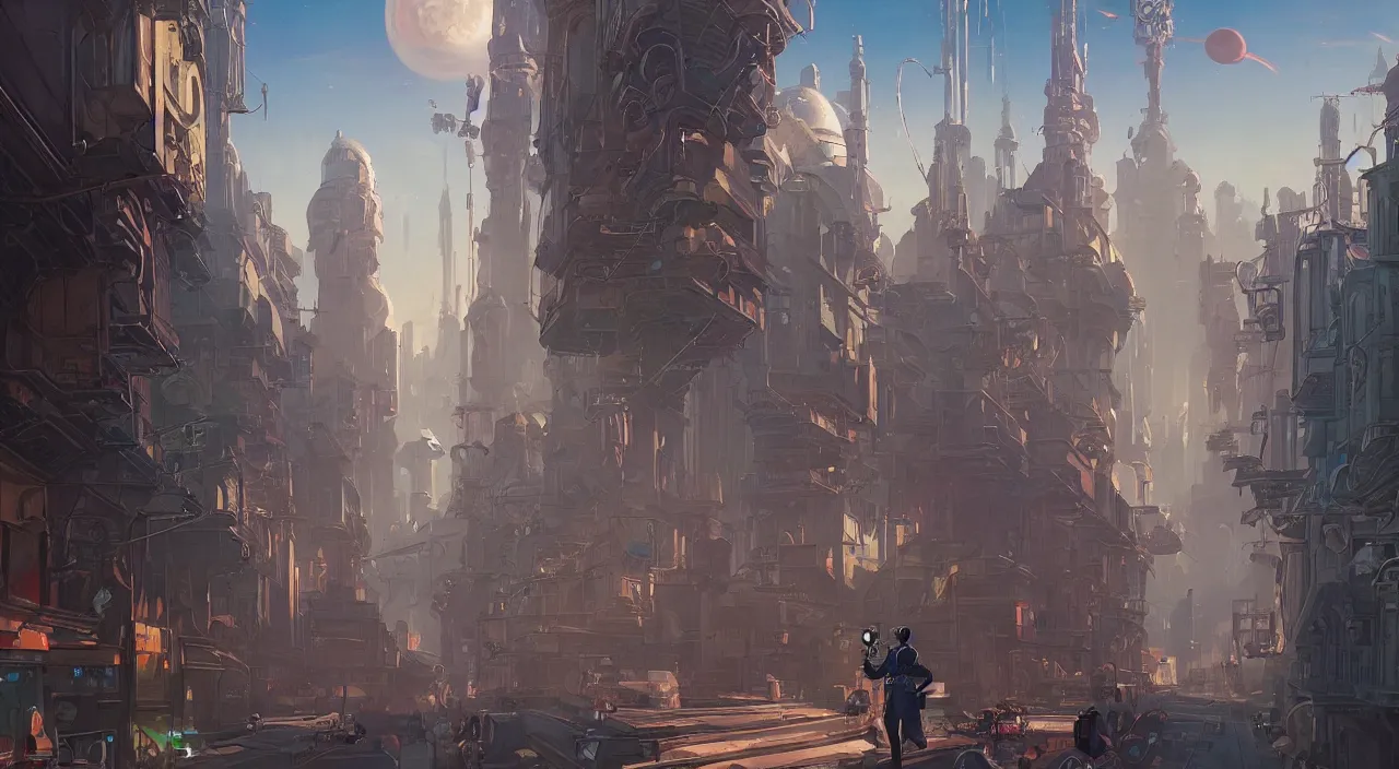 Prompt: a street level painting towards the horizon with high detail, sci - fi colorful victorian city with a victorian astronaut in the foreground at noon with sharp shadows by tyler edlin and sparth, wide angle lens, 4 k, vray, art nouveau influences. roger deakins, cinematic cinematography.