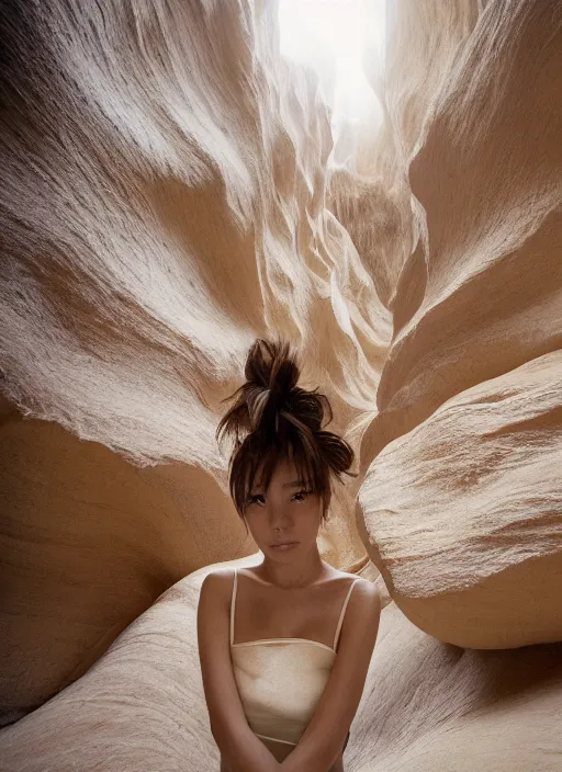 Image similar to Kodak Portra 400, 8K, soft light, volumetric lighting, highly detailed, Kasumi Arimura style 3/4 ,portrait photo of Japanese captivating female, the face emerges from Antelope Canyon, thermal waters flowing down gold travertine terraces, inspired by Ophelia paint , a beautiful luxurious royal suit, intricate hair with highly detailed realistic beautiful flowers , Realistic, Refined, Highly Detailed, ethereal lighting colors scheme, outdoor fine art photography, Hyper realistic, photo realistic