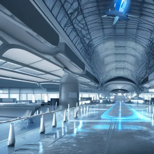 Image similar to A scifi futuristic airport, rockets are tech, blue and grey, octane render, digital art