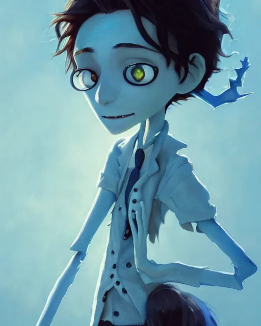 Image similar to still film, johnny depp as the clumsy adorable male victor van dort from the corpse bride if made by krenz cushart and wenjun lin, portrait, illustration, rim light, top light, summer clear blue sky, perfectly shaded, soft painting, epic, intricate, art