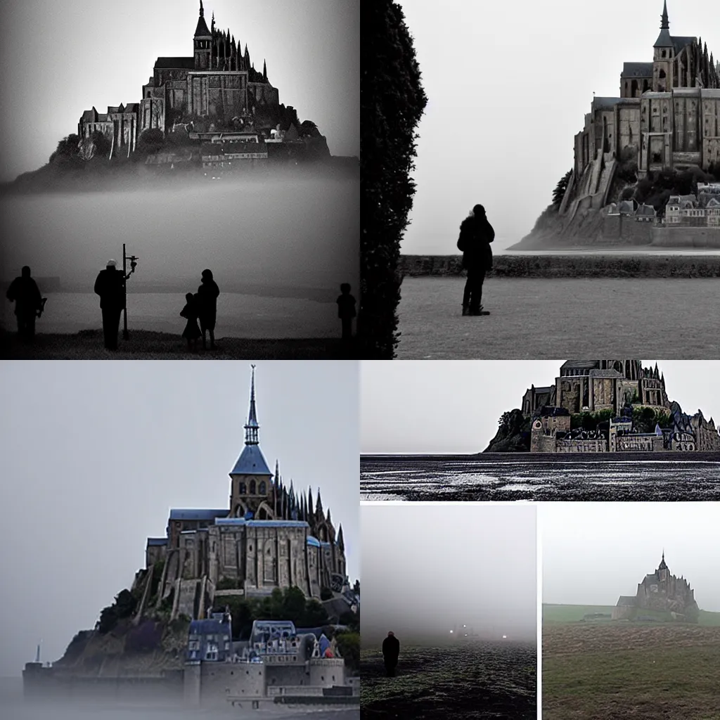 Prompt: Mont-Saint-Michel island castle in mysterious fog, occult observers