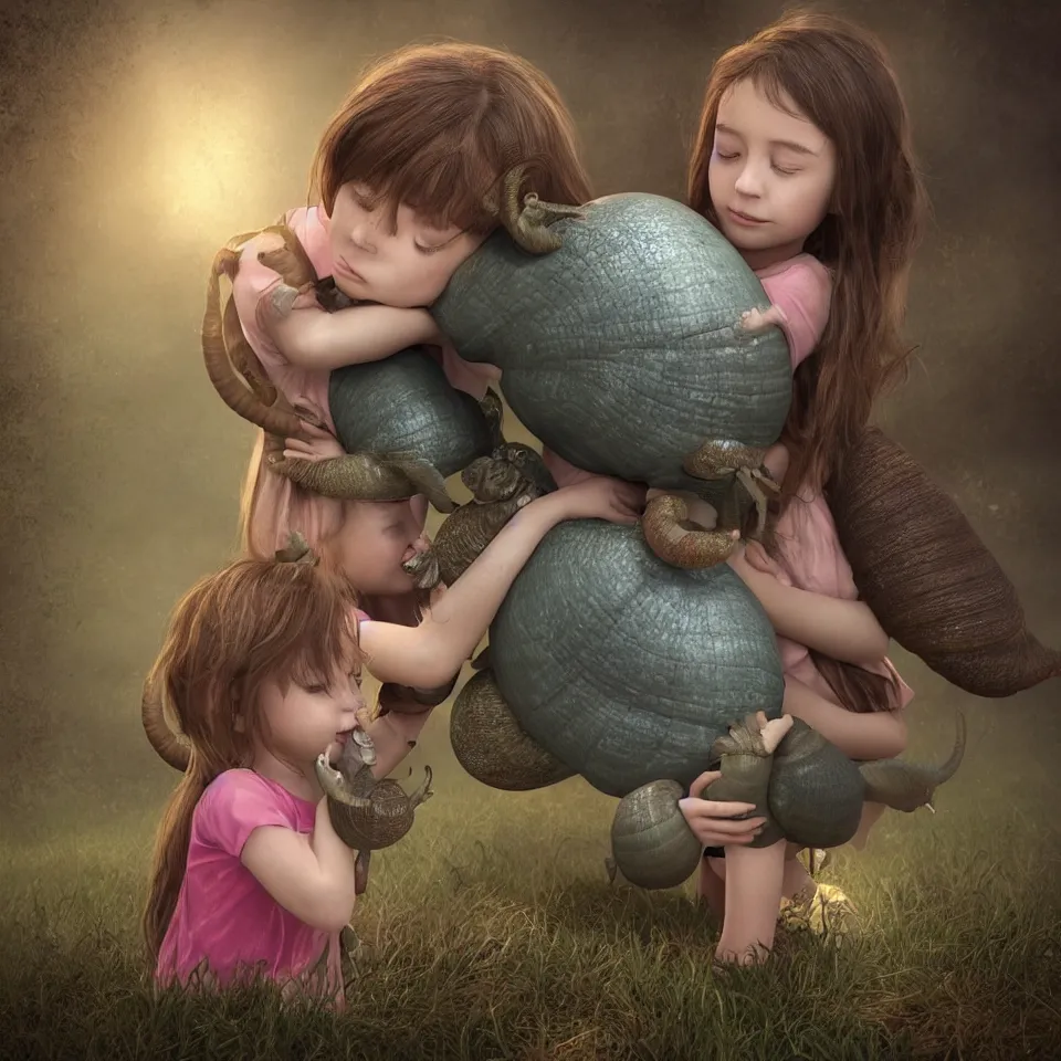 Image similar to a little girl hugging a giant snail, photo, realistic, artstation , beautiful, octane render