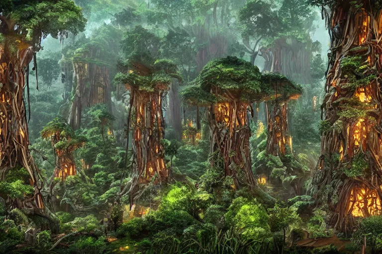 Image similar to a wood elf village suspended high in the redwood tree canopy, fantasy setting, dense vegetation, very detailed, d & d concept art, 4 k