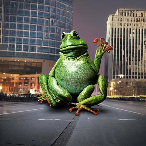 Prompt: A realistic photo of a giant frog in the middle of the city.