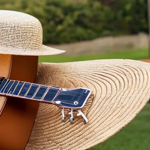 Image similar to a cat wearing straw hat playing guitar