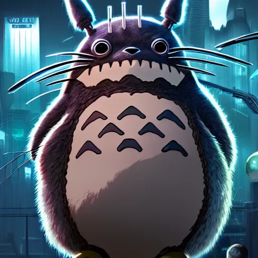 Prompt: totoro, sci - fi, gritty, shadowrun splash art, art by artgerm, intricately detailed, highly detailed, trending on artstation, 4 k, wallpaper - 1 0 2 4