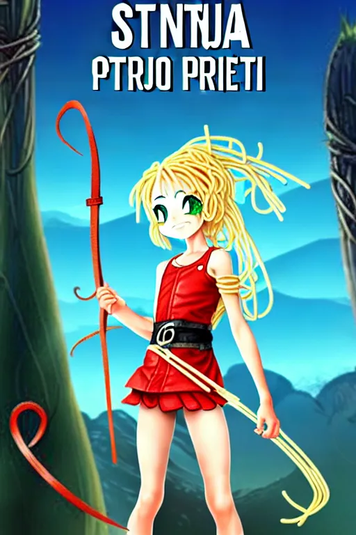 Prompt: A cute spaghetti-girl thief protagonist with leather-strap-armor and ninja weapons is exploring the tenth reality. A highly detailed fantasy character in the style of Seuss