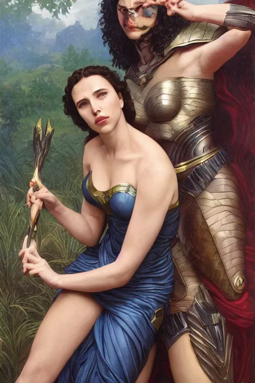 Prompt: A fantasy comic book style Oil Painting portrait of hybrid Scarlett Johansson and Gal Gadot, as Atlantean Reptilian Warriors, Mystical Valkyrie, unreal 5, DAZ, hyperrealistic, octane render, Regal, Refined, Detailed Digital Art, RPG portrait, William-Adolphe Bouguereau, Michael Cheval, Walt Disney (1937), François Boucher, Steampunk, Josephine wall, dynamic lighting, Highly Detailed, Cinematic Lighting, Unreal Engine, 8k, HD