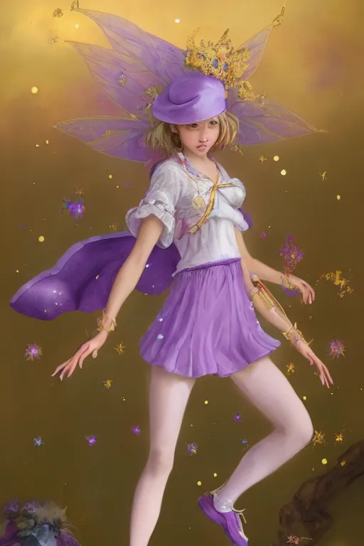 Image similar to Full View fairy maiden with short blond hair wearing an oversized purple Beret, Baggy Purple overall shorts, Short Puffy pants made of silk, silk shoes, a big billowy scarf, Golden Ribbon, and white leggings Covered in stars. covered in embroidery. Short Hair. peasant magic. Rhythmic gymnastics poses. masterpiece 4k digital illustration by Ruan Jia and Mandy Jurgens and Artgerm and william-adolphe bouguereau and greg rutkowski , award winning, Artstation, art nouveau aesthetic, Alphonse Mucha background, intricate details, realistic, panoramic view, Hyperdetailed, 8k resolution, intricate art nouveau