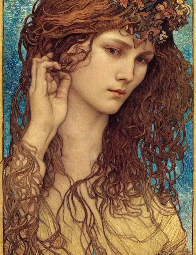 Image similar to detailed realistic beautiful young medieval queen face portrait by jean delville, alphonse mucha, vincent van gogh, and marco mazzoni, art nouveau, symbolist, visionary, gothic, pre - raphaelite