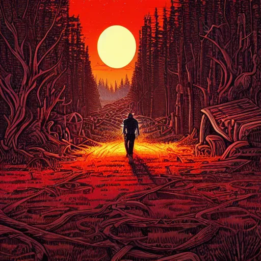 Image similar to cowboy walking into ruined town, nightime, highly detailed, artwork by dan mumford, blood red moon