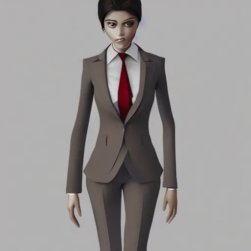 Image similar to woman in grey business suit, brown neat hair, pixiv, fanbox, trending on artstation, portrait, modern, sleek, highly detailed, formal, serious, determined, competent, colorized, smooth, charming, pretty, safe for work