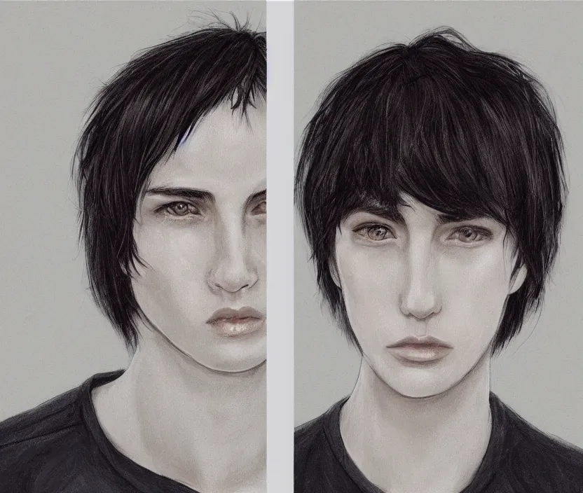 Prompt: headshot and upper bodyshot of a handsome yet boyish androgynous man with short to medium length stringly dark hair and long bangs covering one of his eyes, very nostalgic, very melancholic, dramatic angle, rotoscoped, rotoscope, photoshop, photomanipulation, realism, painting, illustration and sketch, weird scribbles, hybrid styles, hybrid art styles, mismatched, trending on artstation, trending on deviantart, weird, quirky, interesting, very detailed, highly detailed, HD Quality, 4k resolution, 8k resolution, in the style of David Firth, in the style of James Lee, in the style of Drue Langlois,