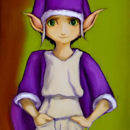 Image similar to little elf tomboy, purple tunic, soft hair. light color palate, detailed soft painting, made in abyss art style, anatomically correct, inspired in balthus