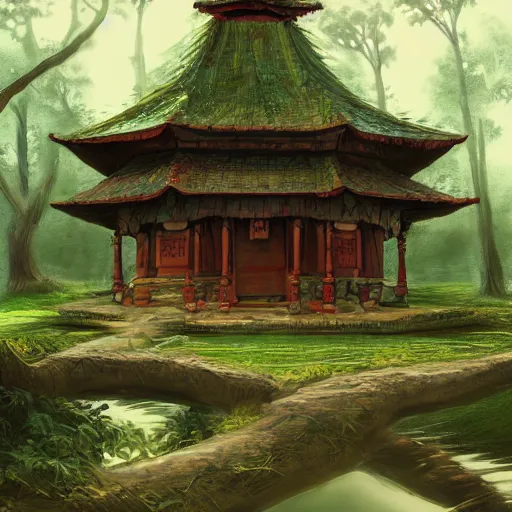 Prompt: temple in a beautiful forest on the seaside by peter klasen, artstation, hd, ultra detailed