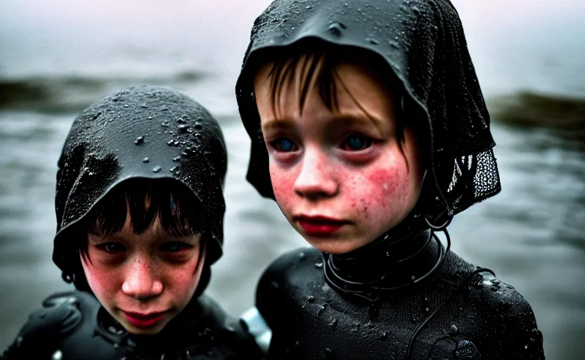 Image similar to cinestill 5 0 d candid photographic portrait by helen levitt of two child androids wearing rugged black mesh techwear in treacherous waters, extreme closeup, modern cyberpunk moody depressing cinematic, pouring rain, 8 k, hd, high resolution, 3 5 mm, f / 3 2, ultra realistic faces, ex machina