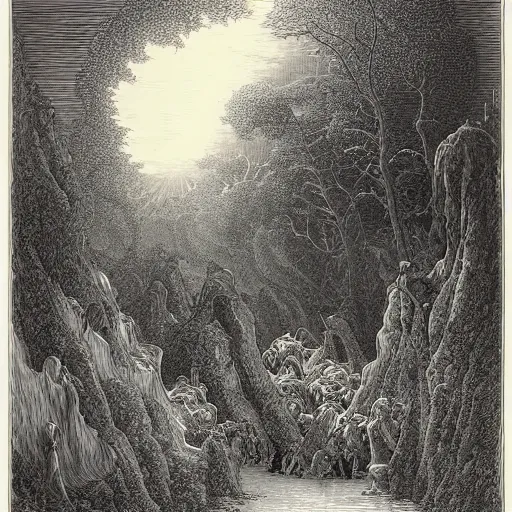 Image similar to the earthly paradise, gustave dore engraving